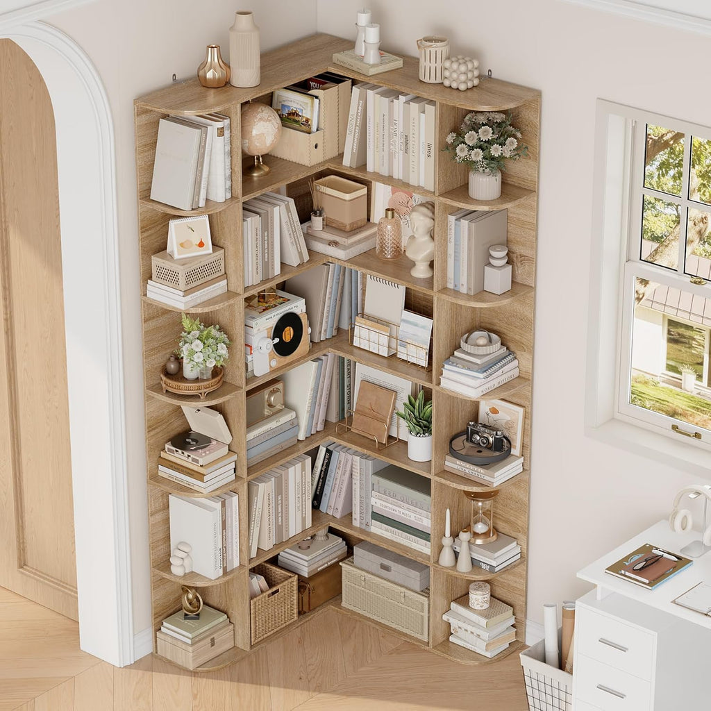 Estantería esquinera de pie FirFurd de 185 cm, librería rinconera con 6 niveles, armario esquinero en forma de L, vitrina de esquina para despacho, salón o cocina, 80 x 84 x 185 cm, roble
