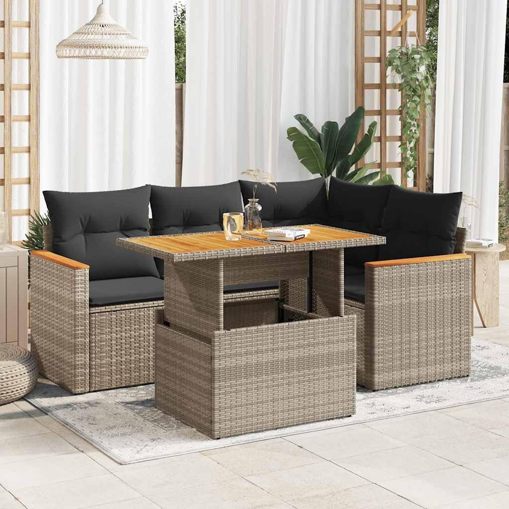 vidaXL 5-TLG. Garten-Sofagarnitur mit Kissen Grau Poly Rattan Akazie, Outdoor Sofagarnitur, Gartensofa Set, Lounge Set, Sofagarnitur Terrasse