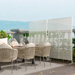 Set de 2 paneles de privacidad de metal, biombo independiente de 180x120 cm, separador de ambientes resistente a la intemperie para jardín, terraza, balcón y decoración exterior, con soporte, acero galvanizado, rayas horizontales blancas