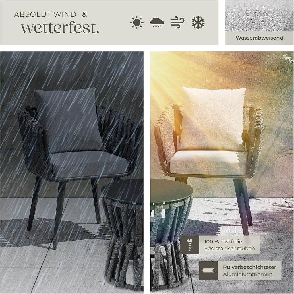 tectake® Gartenmöbel-Set Lugano Rope-Design, Aluminiumgestell, Tisch 2 Stühle, Dicke Sitzpolster, Gartenlounge, Loungemöbel, Gartensitzgruppe, Outdoor Lounge Set, Terrassenmöbel, Balkonmöbel