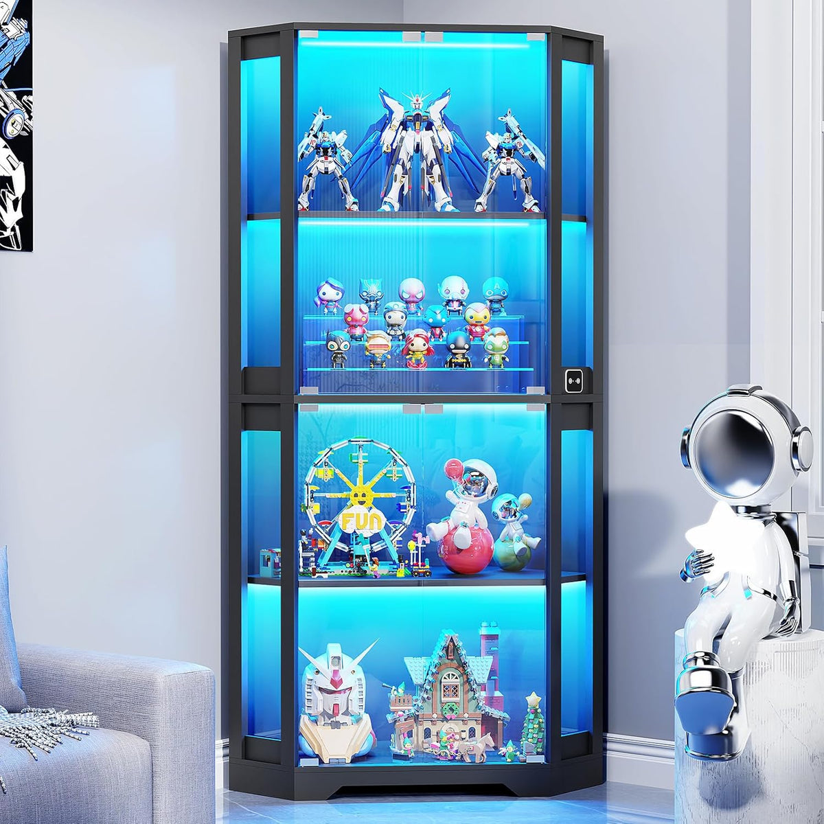 Vitrina esquinera BROTTAR con puertas de cristal, estantería esquinera alta de 165 cm con iluminación LED de 3 colores, armario expositor de 4 niveles con sensor inteligente para salón, dormitorio u oficina, negro
