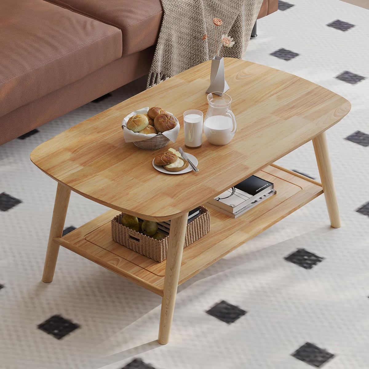 ZKIODV Mesa de centro de madera con 2 estantes, mesa de salón ovalada de madera maciza, mesa de madera con espacio de almacenamiento para sala de estar, mesa de sofá mesa auxiliar de 100x60x45 cm, acabado al aceite natural, mesa de centro de madera maciza