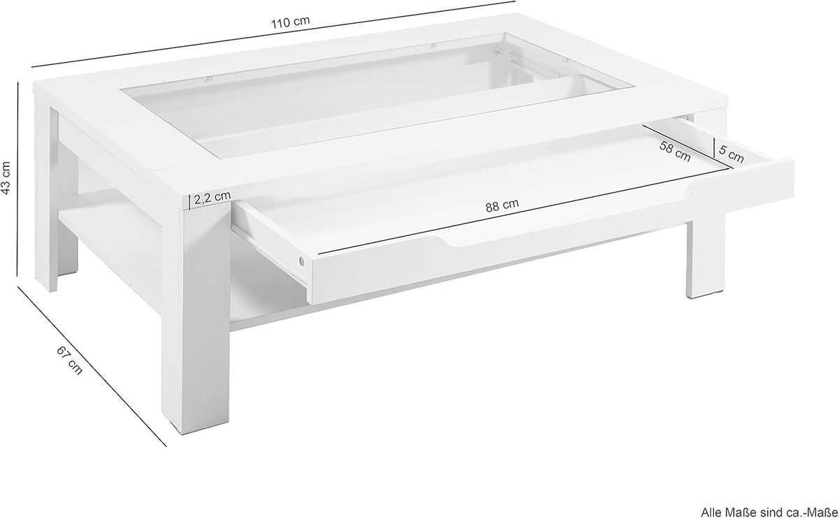 byLIVING Couchtisch Ralph/Eiche-Altholz-Optik dunkel-braun/Sofatisch mit Glaseinlage und großzügiger Schublade in braun/Beistelltisch mit viel Stauraum/B 110, H 43, T 67 cm