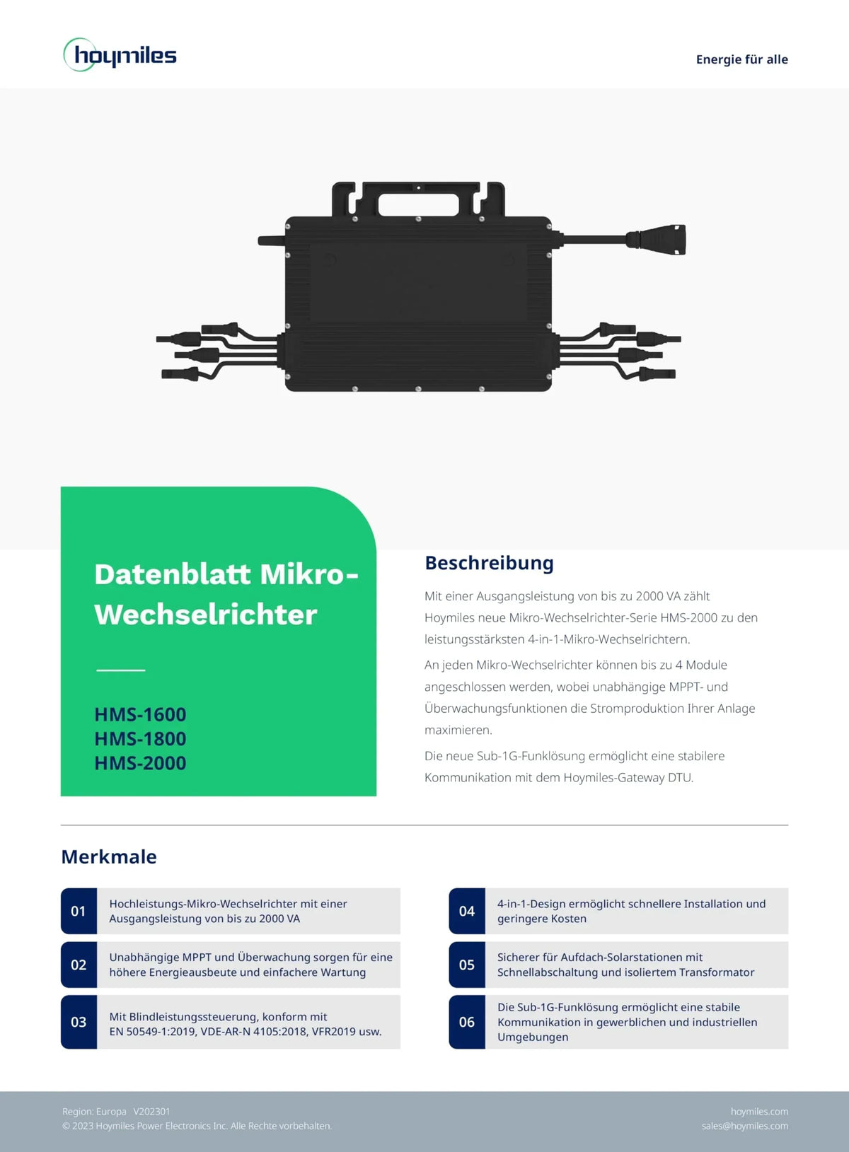 Microinversor Hoymiles HMS 2000 4T para 4 paneles solares de 2000W con WiFi opcional para sistemas solares de balcón