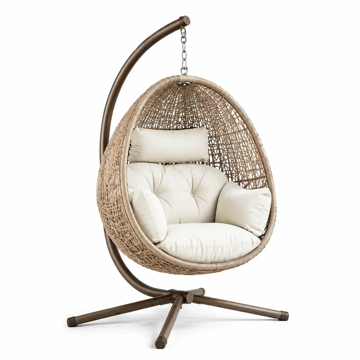 Sillón colgante de ratán con estructura de acero y cojín beige