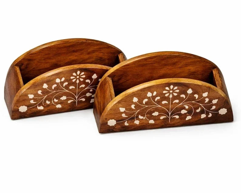 Juego de 2 servilleteros de madera con diseño floral para mesa