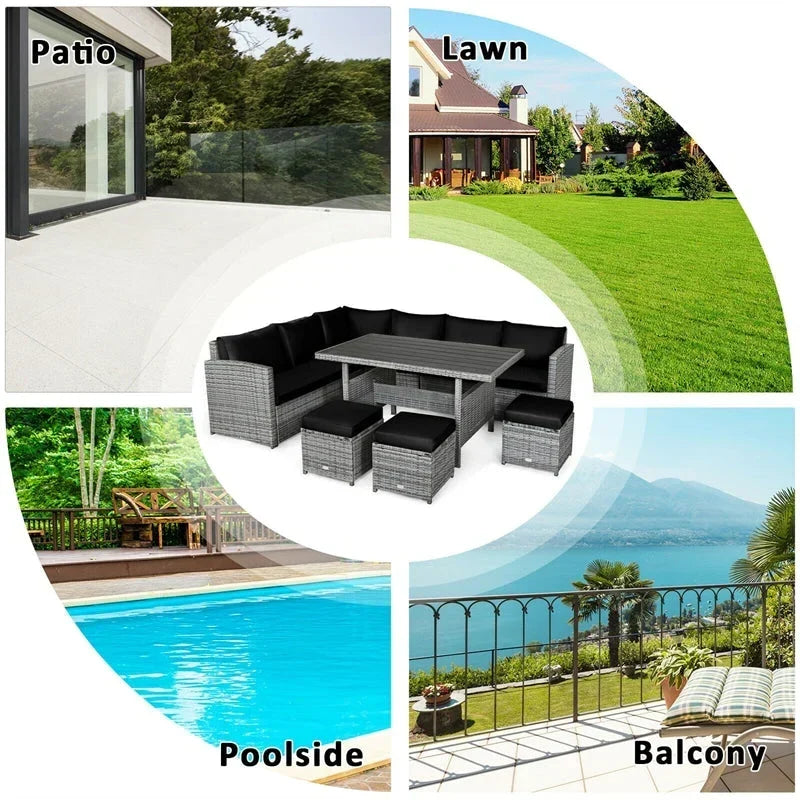 Conjunto de muebles de comedor para patio de 7 piezas de ratán con sofá seccional, mesa de comedor, otomanas y cojines