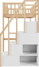 Cama alta Moimhear 90x200 cm con escalera de seguridad y almacenamiento, estructura de cama de madera de pino maciza para niños y jóvenes (color madera + blanco)