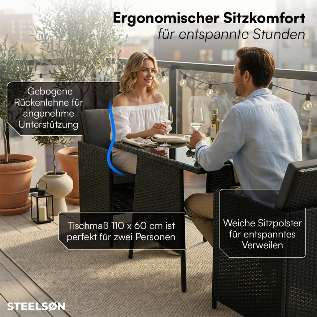 STEELSØN Xenara Essgruppe 3-teilig, 2 Personen, Schwarz/Anthrazit, Rattan