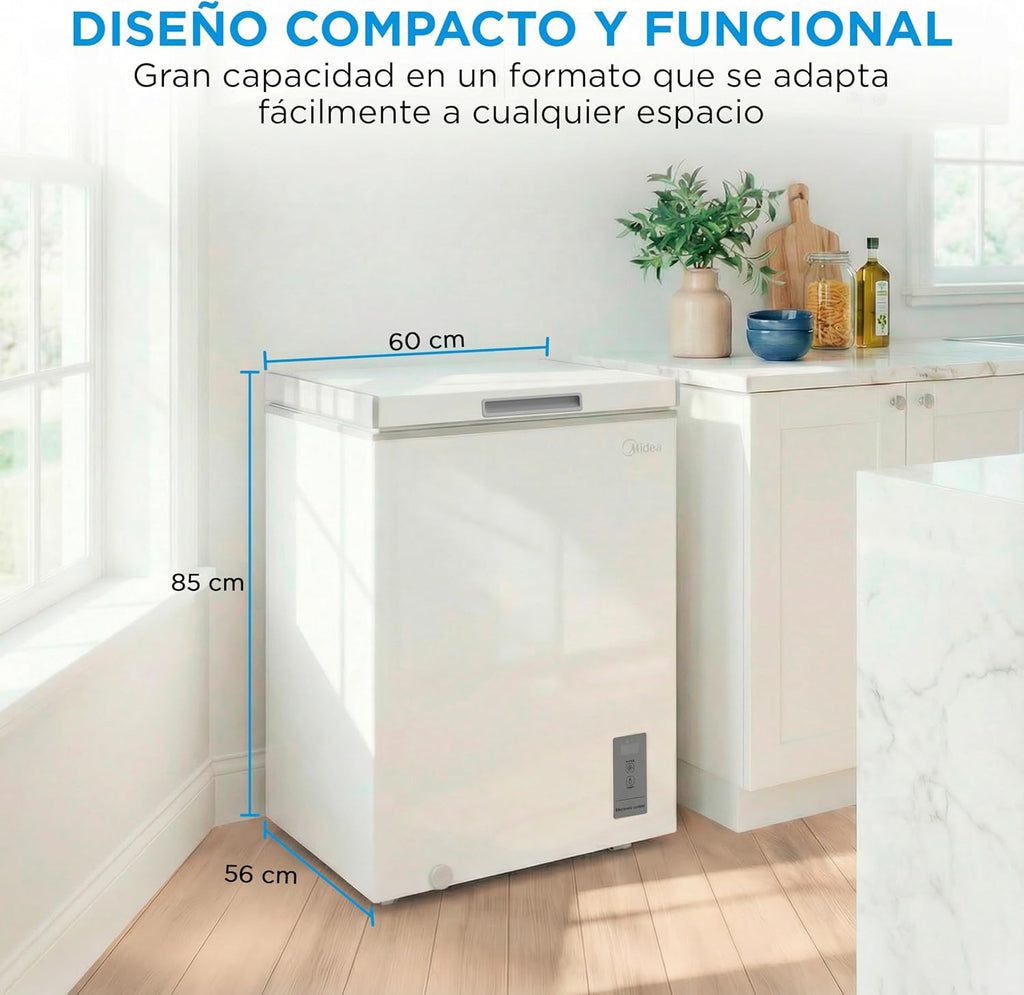Congelador horizontal MIDEA, 143 l, convertible en frigorífico con motor inverter, control electrónico de temperatura, cestas con asa, silencioso, 37 dB, ahorro de energía