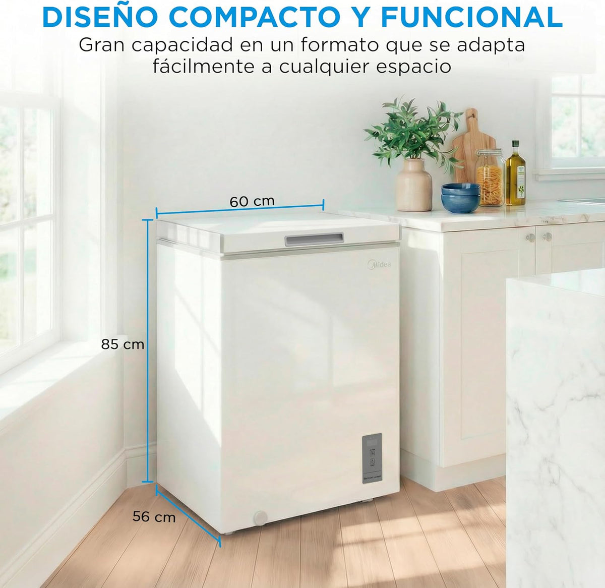 Congelador horizontal MIDEA, 143 l, convertible en frigorífico con motor inverter, control electrónico de temperatura, cestas con asa, silencioso, 37 dB, ahorro de energía