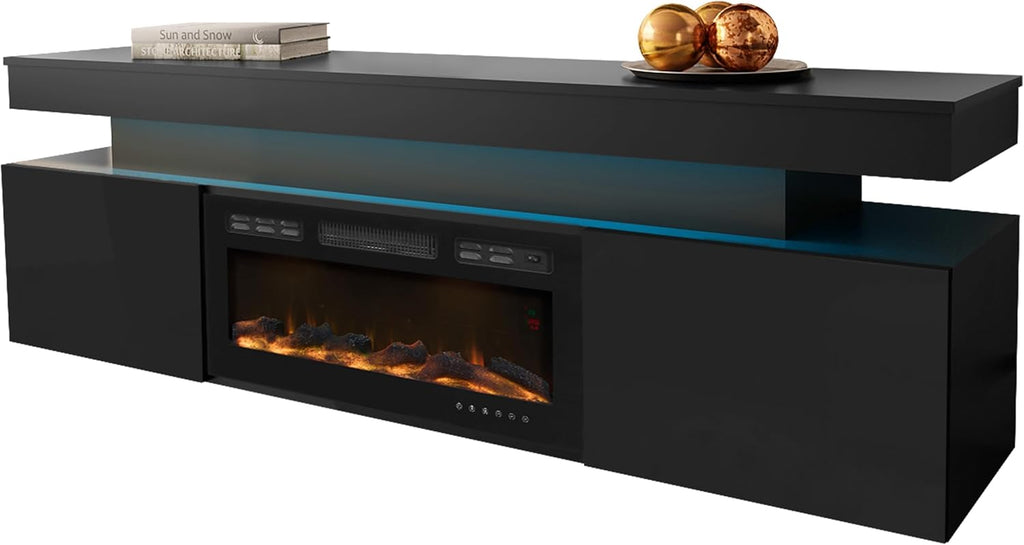 Mirjan24 TV Schrank Serkuzo EF 2D mit Elektrischem Kamin, Praktischer Fernsehschrank, TV Lowboard mit Grifflose Öffnen, Realistische LED-Flamme (Schwarz/Schwarz Hochglanz)