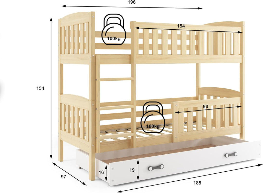 Interbeds Litera 200x90 cm Cama alta Cama doble con cajón Cama de madera de pino Cama infantil Cama juvenil con somier y barrera de seguridad (tono natural, 200x90)