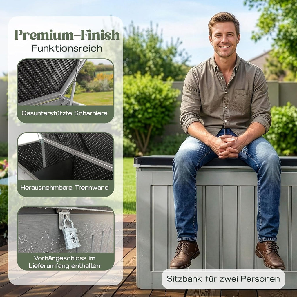 Olsen & Smith Caja de almacenamiento XXL 830L, baúl de jardín con tapa grande, caja impermeable para cojines, armario de jardín para cojines y cajas de almacenamiento para jardín, balcón, terraza, color antracita, caja para paquetes