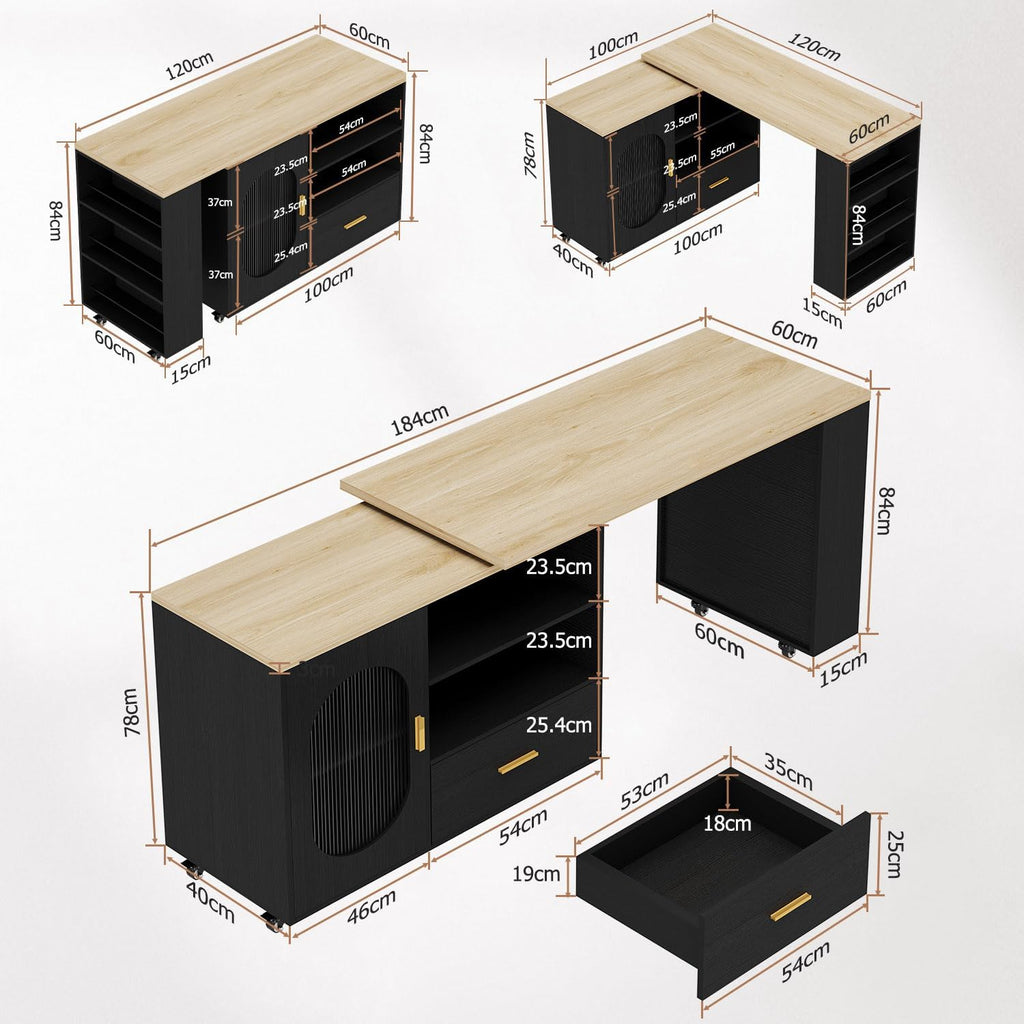 Isla de cocina IBF con asientos, mesa giratoria de 360 grados, isla de cocina con armario de almacenamiento, cajón y estantes, carrito de isla móvil con ruedas para comedor, bar en casa, color negro y roble, 184 cm