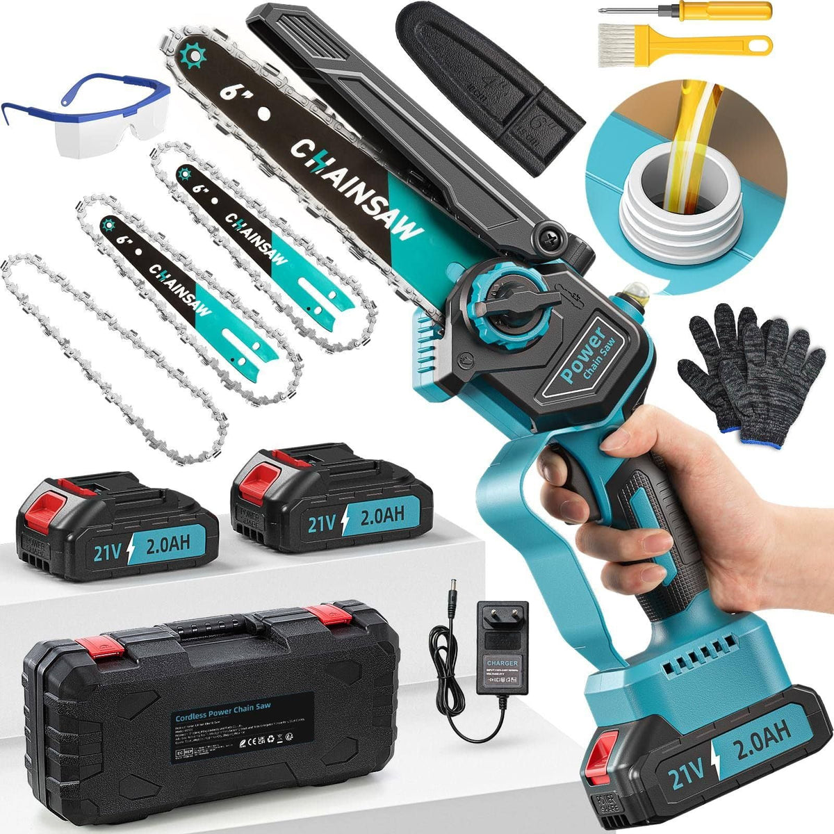 Mini motosierra de batería de 4000 mAh, motosierra eléctrica inalámbrica sin escobillas de 6 pulgadas 1000 W con lubricador automático, 3 cadenas, 2 baterías