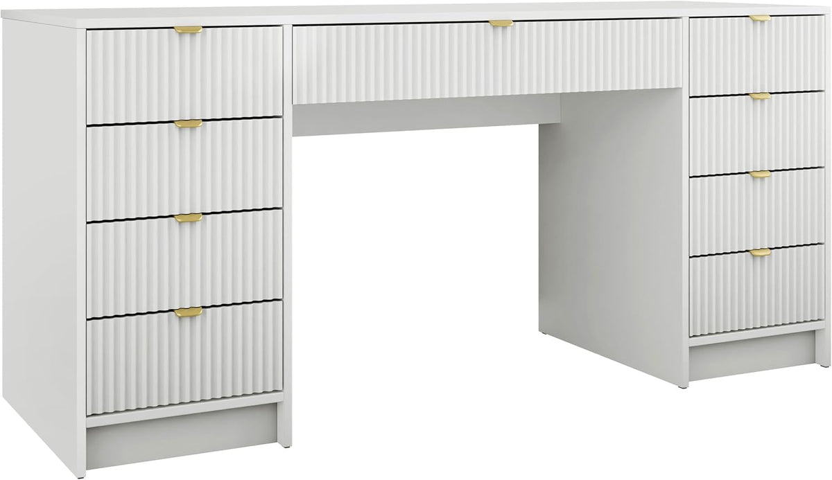 Mirjan24 Schreibtisch Tireno Bis, 9 Schubladen geriffelte Fronten Schülerschreibtisch Computertisch Kinderschreibtisch Arbeitstisch PC-Tisch Jugendzimmer Kinderzimmer (Weiß Velvet)