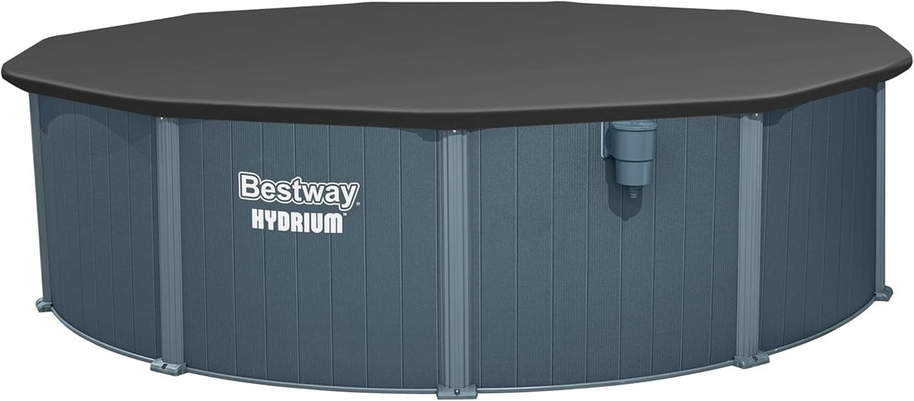 Set completo de piscina con pared de acero Bestway Hydrium redonda 488 x 132 cm, efecto madera gris, piscina de jardín, piscina elevada, filtro de arena