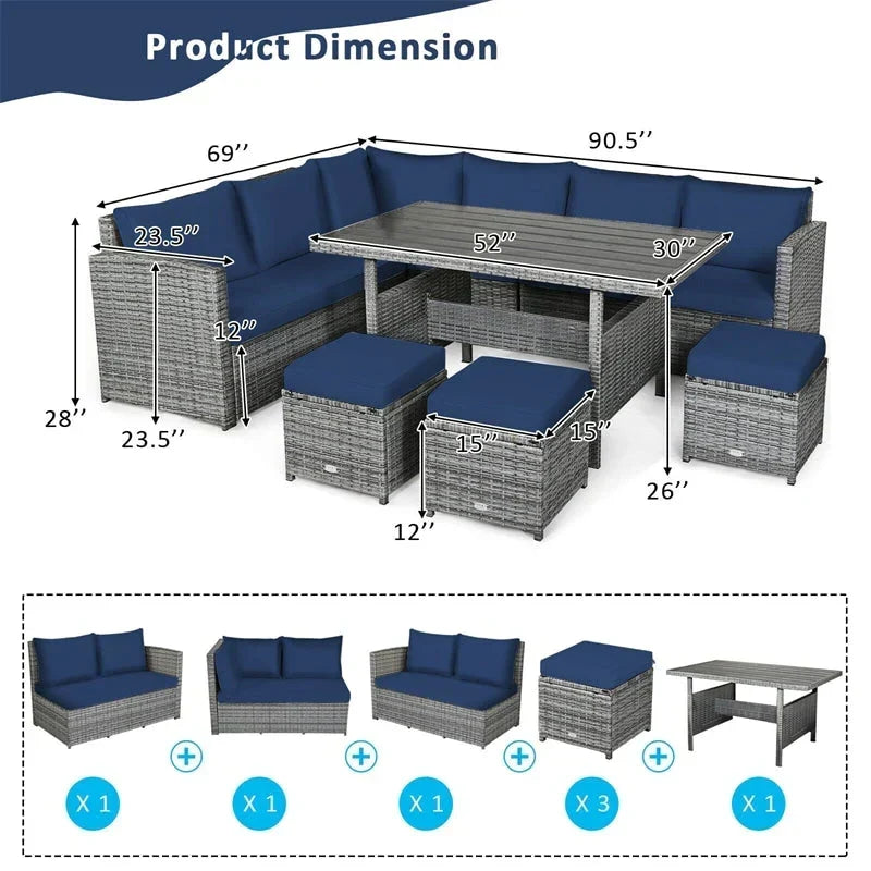 Conjunto de muebles de comedor para patio de 7 piezas de ratán con sofá seccional, mesa de comedor, otomanas y cojines