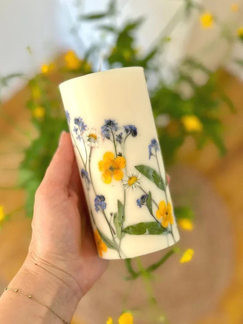 Vela de soja con estampado floral, vela aromática, 14 cm x 7 cm, 45–50 horas de duración