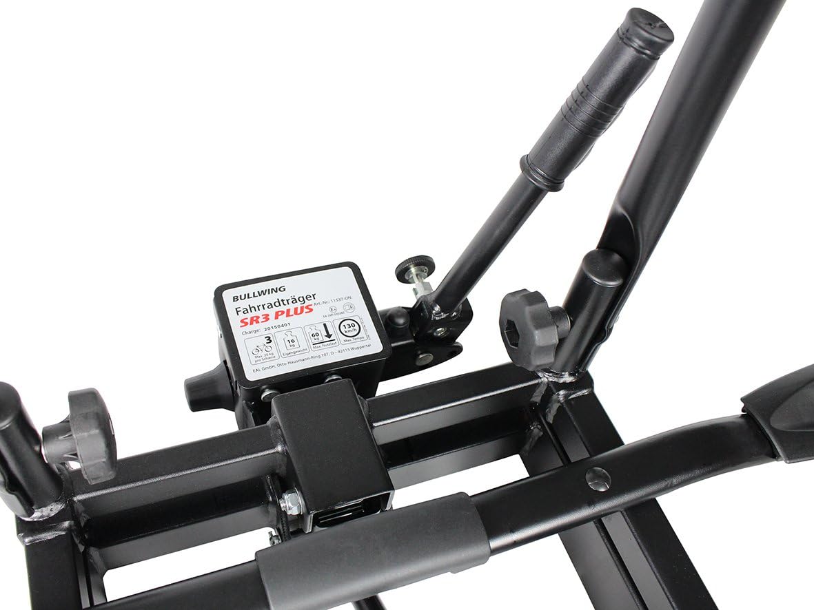 Portabicicletas Bullwing SR3+ para 3 bicicletas para enganche de remolque, abatible (cierre especial, protección antirrobo con candado, 3 soportes de cuadro no bloqueables, soporte de pared)