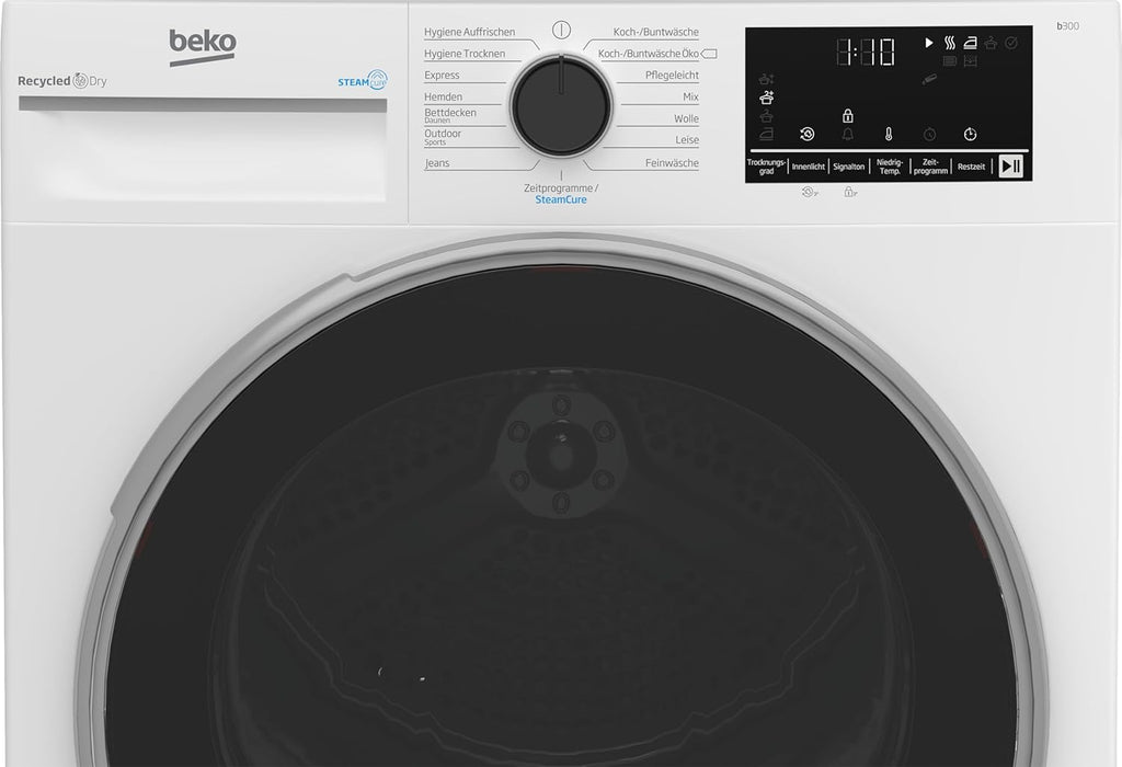 Secadora de ropa Beko 8kg, Stiftung Warentest BUENO (2,5), apta para alérgicos, secado higiénico, función de vapor SteamCure, 15 programas, Express, B3T42249S, blanco