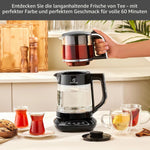 Máquina de té Karaca Caysever, acero, cromo 1700 W, libre de BPA, capacidad de tetera de cristal de 0,8 L, capacidad del depósito de agua de 1,5 L, preparación de agua