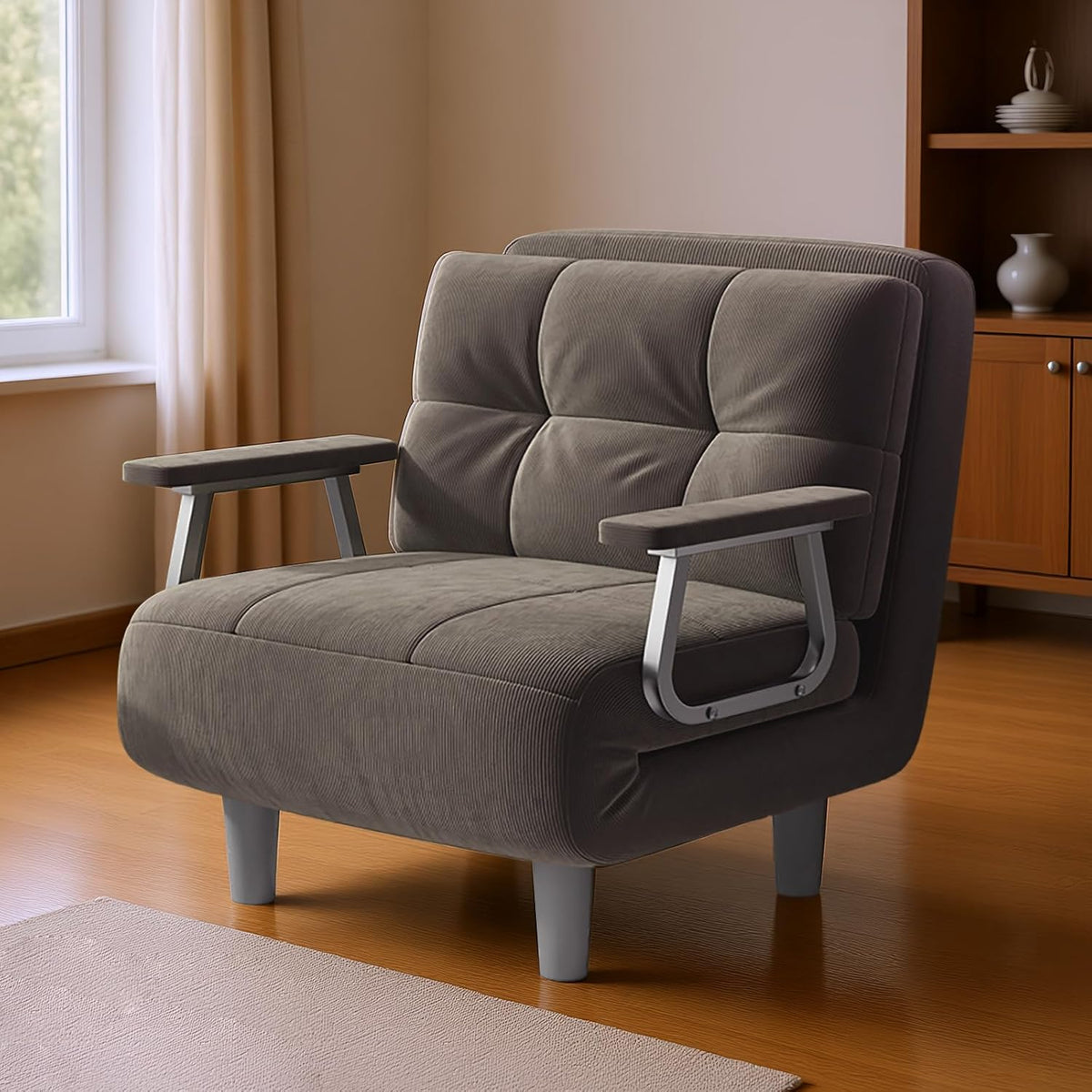 Fabulcozy Schlafsofa 1-Sitzer Umwandelbares Sesselsofa – Großer Komfort Abnehmbar mit Kissen, Metallarmlehnen und Füßen (Khaki)