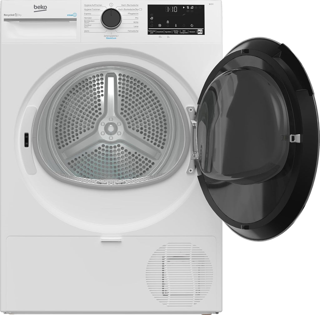 Secadora de ropa Beko 8kg, Stiftung Warentest BUENO (2,5), apta para alérgicos, secado higiénico, función de vapor SteamCure, 15 programas, Express, B3T42249S, blanco
