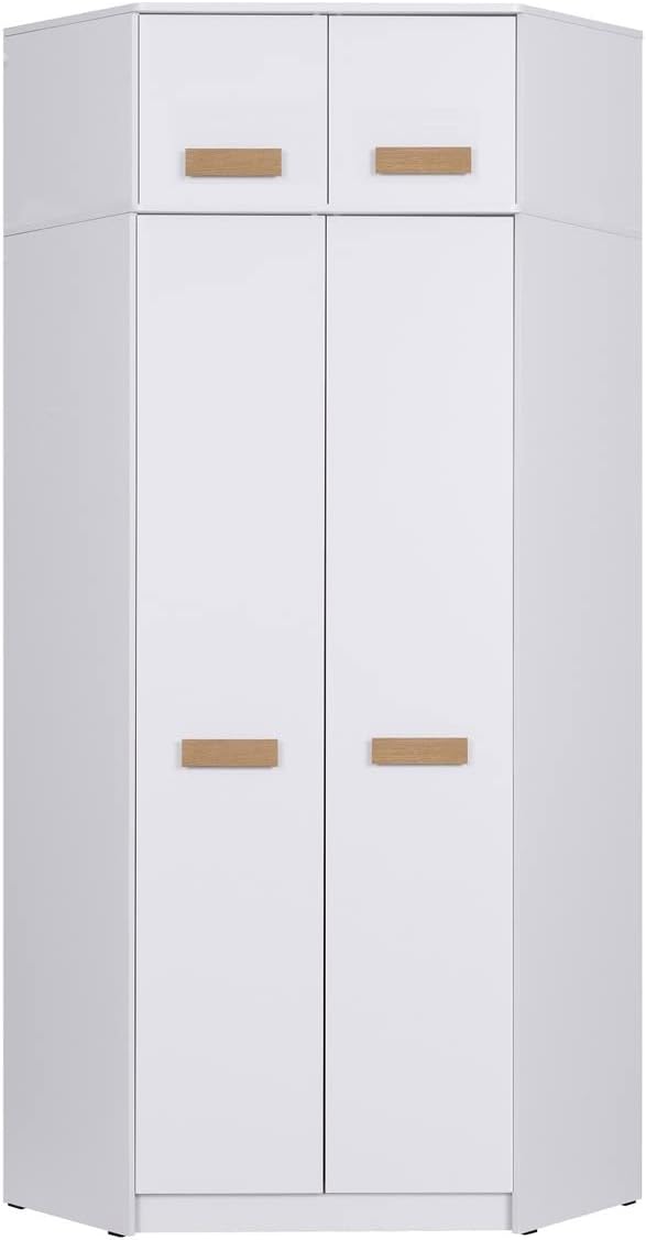 Marmex Grant G8+G15 - Eckschrank 91x235x91 cm, Bücherregal - Eckgarderobe mit Kleiderstangen und Einlegeböden für das Jugendzimmer, Schlafzimmer - Eckkleiderschrank - weiß + Riviera Eiche