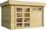 Caseta de jardín Leandro con suelo de madera, cobertizo para herramientas de 394x268 cm con 28 mm de grosor de pared en acabado natural