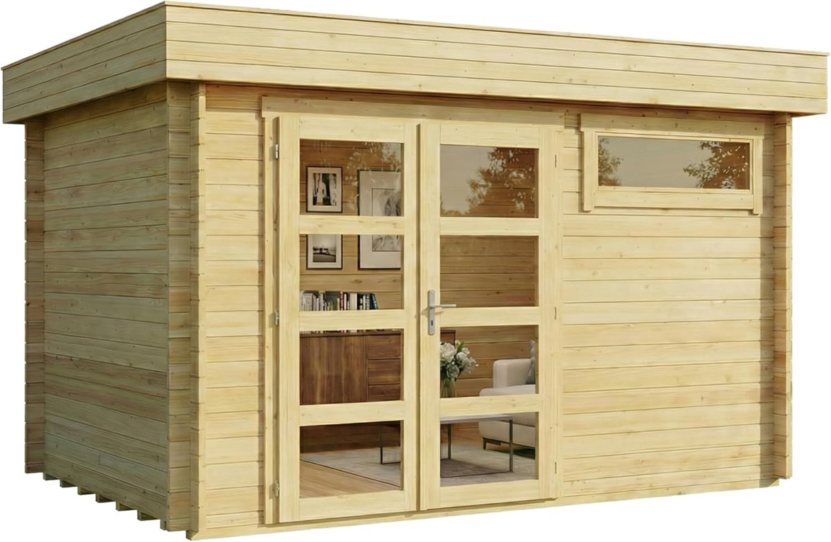 Caseta de jardín Leandro con suelo de madera, cobertizo para herramientas de 394x268 cm con 28 mm de grosor de pared en acabado natural