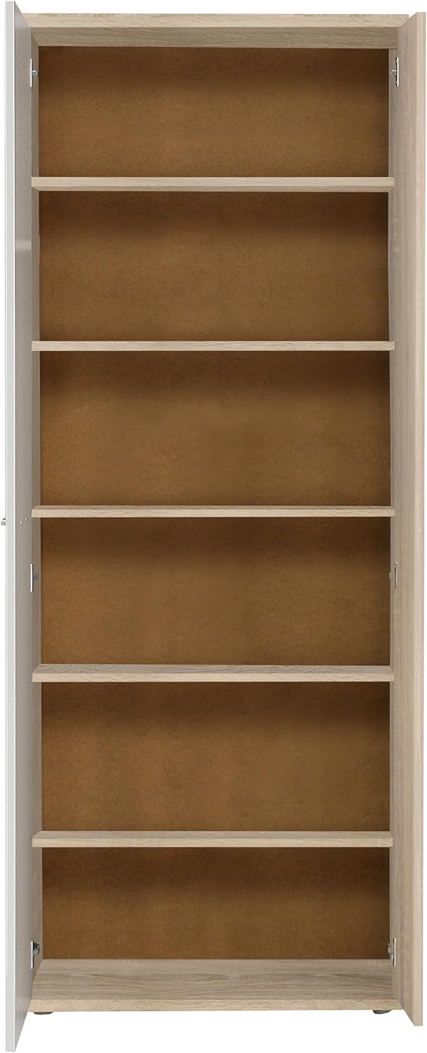 FORTE NET106 Armario 70, zapatero, armario ropero, trastero, armario de puertas batientes, 2 puertas con estantes, blanco con decoración en madera: roble Sonoma, 69 cm de ancho x 179 cm de alto x 35 cm de profundidad