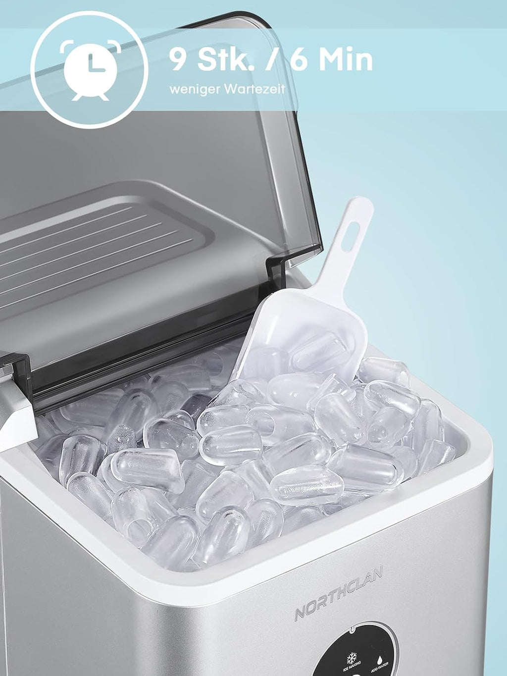Eiswürfelmaschine Testsieger 2025, 14 kg 24 Stunden, 9 Eiswürfel in 6-8 Minuten, Gerauscharmer Betrieb, 120W Ice Maker mit Schaufel u. Korb, Eiswürfelbereiter Klein für Zuhause, Büro