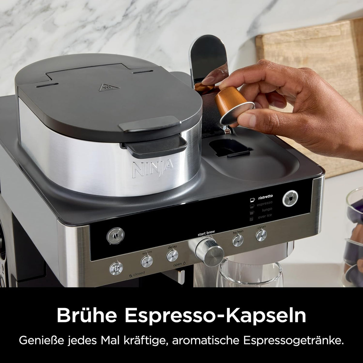 Cafetera de goteo y cápsulas Ninja Prestige 2 en 1 con espumador de leche integrado, para latte, café helado y flat white, negro CFN802EU