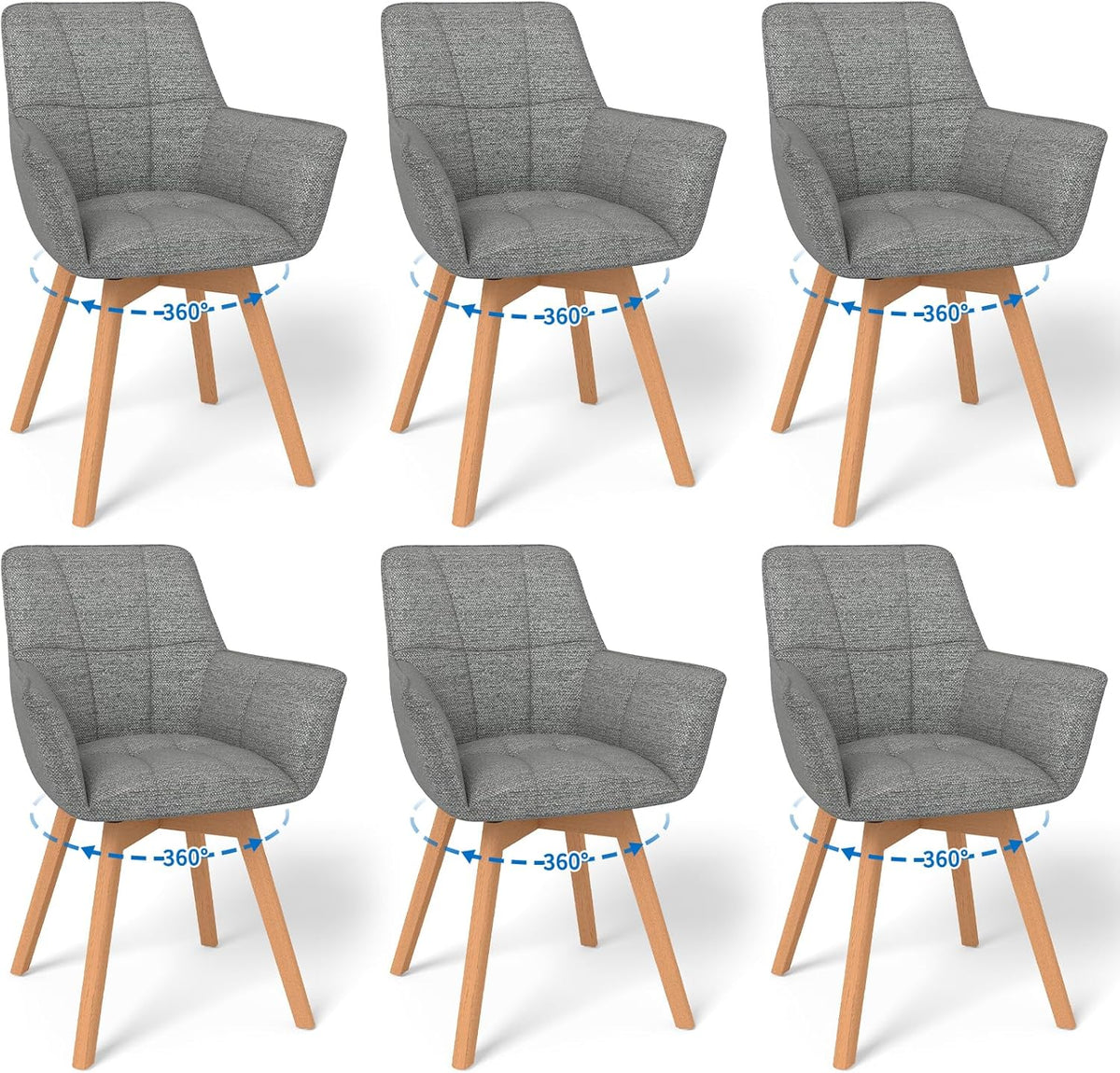 WAFTING Juego de 6 sillas de comedor giratorias, silla giratoria de 360° con reposabrazos y patas de madera, silla tapizada de terciopelo para comedor, sala de estar, cocina, dormitorio, gris oscuro