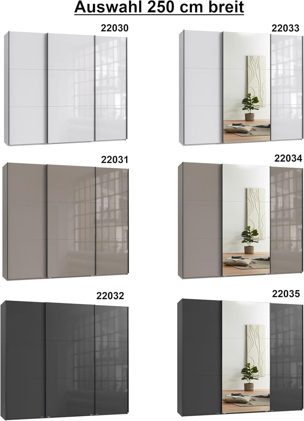 Schwebetürenschrank 3-türig B250/H216/T65 cm Weiß m. Glasfront, Spiegel, schwarzen Griffleisten, inkl. Selbsteinzug, Kleiderschrank m.Einlegeböden, Kleiderstangen, Schubladen, Wäscheeinteilung / 22033