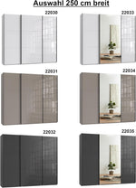Schwebetürenschrank 3-türig B250/H216/T65 cm Weiß m. Glasfront, Spiegel, schwarzen Griffleisten, inkl. Selbsteinzug, Kleiderschrank m.Einlegeböden, Kleiderstangen, Schubladen, Wäscheeinteilung / 22033