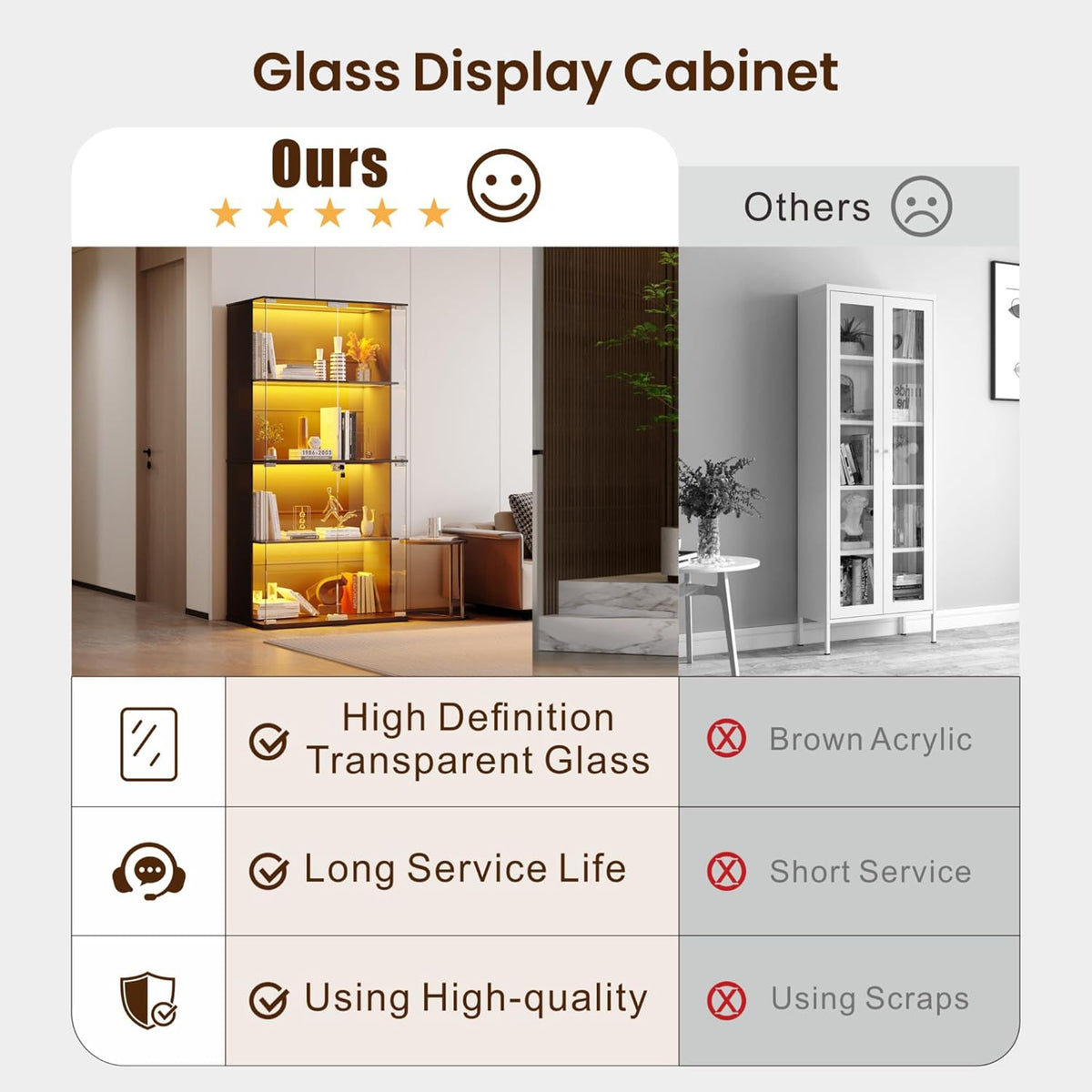 Vitrina Lvifur con iluminación LED y puertas de cristal para coleccionables, vino, 35×70×168 cm, vitrina de cristal de 4 niveles, mueble vitrina con sensores inteligentes para sala de estar y dormitorio, negro