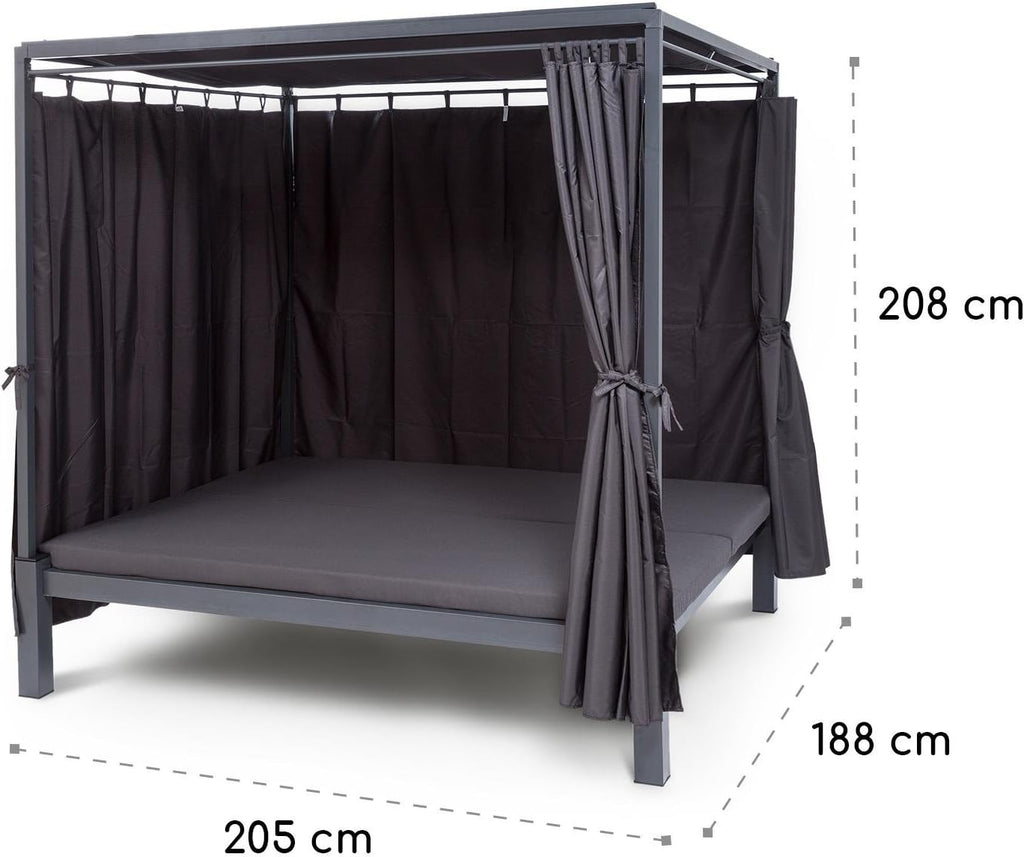 blumfeldt Senator Lounge - Tumbona de jardín doble con toldo, cenador tipo lounge, 188 x 208 x 205 cm, acolchado cómodo, cortinas de privacidad, resistente al agua, estructura de acero, máx. 350 kg, gris