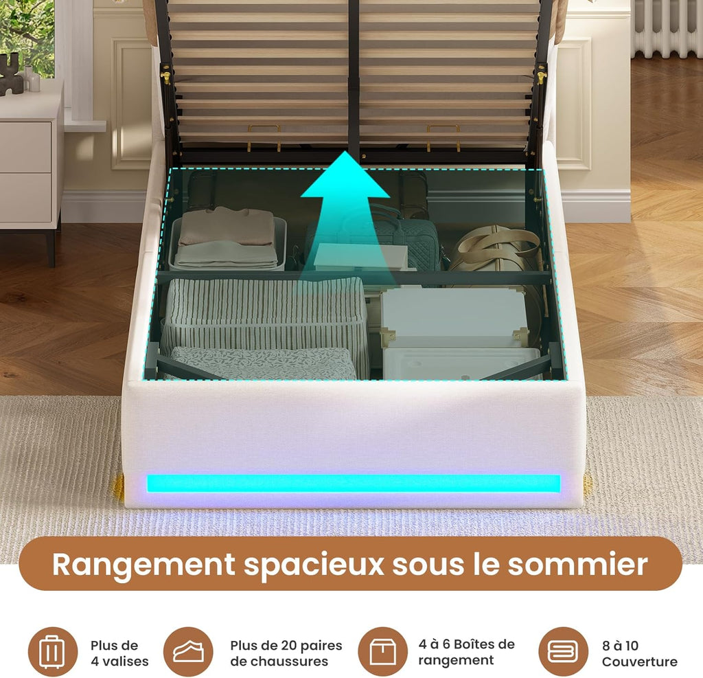 Cama tapizada AOGLLATI 90×200 cm, cama hidráulica con almacenamiento e iluminación LED, cama juvenil con estación de carga, cama individual con cabecero con almacenamiento, tela de lino, sin colchón (beige, 90x200 cm)