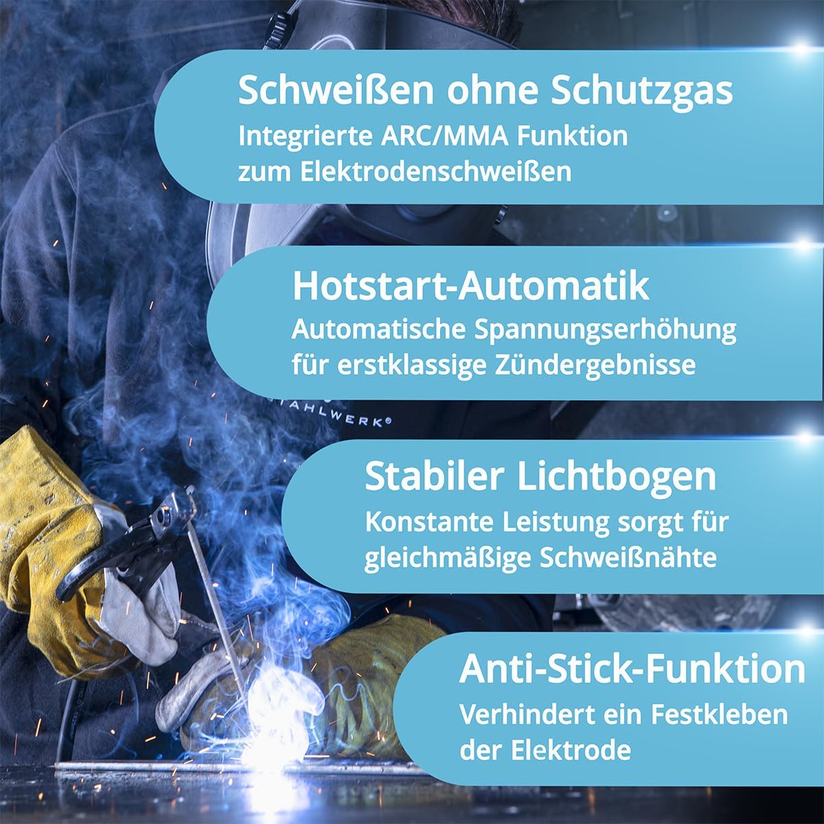 Equipo de soldadura de gas protector 3 en 1 STAHLWERK MTM-200 ST – equipamiento completo – TIG, MIG/MAG, MMA/electrodo hasta 200 A, alimentación de alambre sinérgica, accionamiento de 4 rodillos, apto para hilo relleno, acero, chapa fina