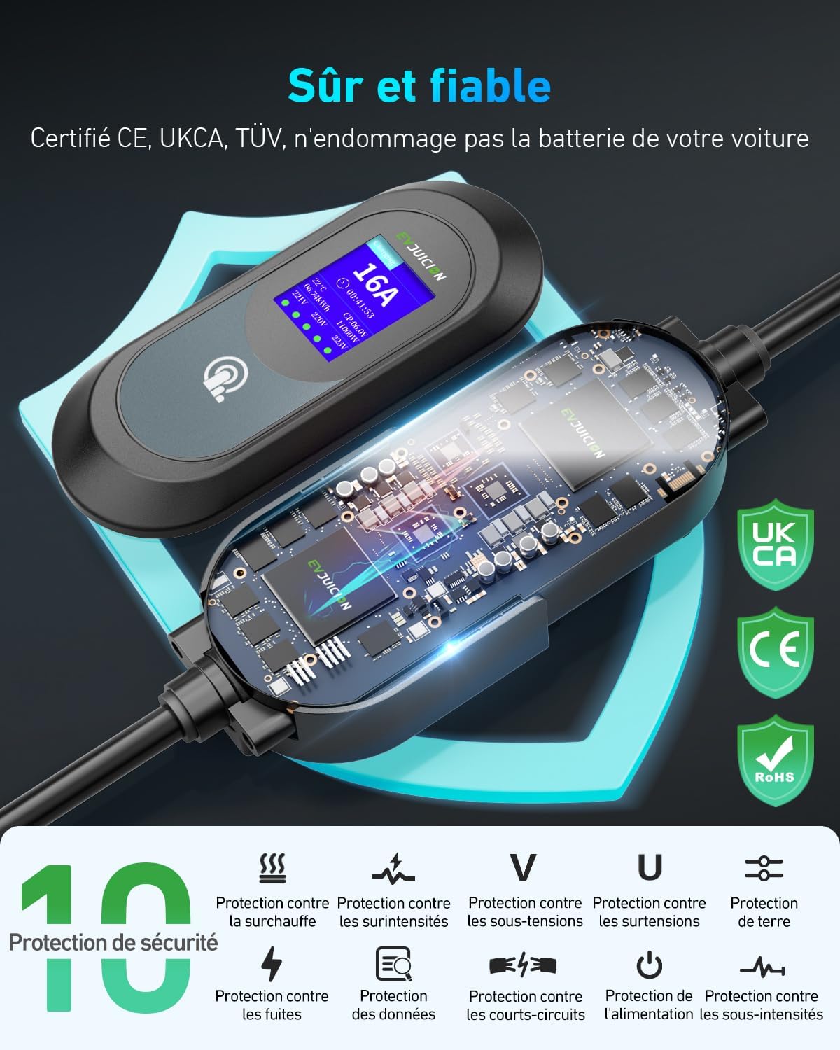 EVJUICION Cargador de coche eléctrico de 11 kW CEE trifásico 6A-16A, cargador EV tipo 2 con soporte de pared, pantalla digital, tiempo de carga ajustable [0-12 h], portabilidad, cable de carga tipo 2 de 6 m con bolsa