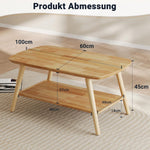 ZKIODV Mesa de centro de madera con 2 estantes, mesa de salón ovalada de madera maciza, mesa de madera con espacio de almacenamiento para sala de estar, mesa de sofá mesa auxiliar de 100x60x45 cm, acabado al aceite natural, mesa de centro de madera maciza