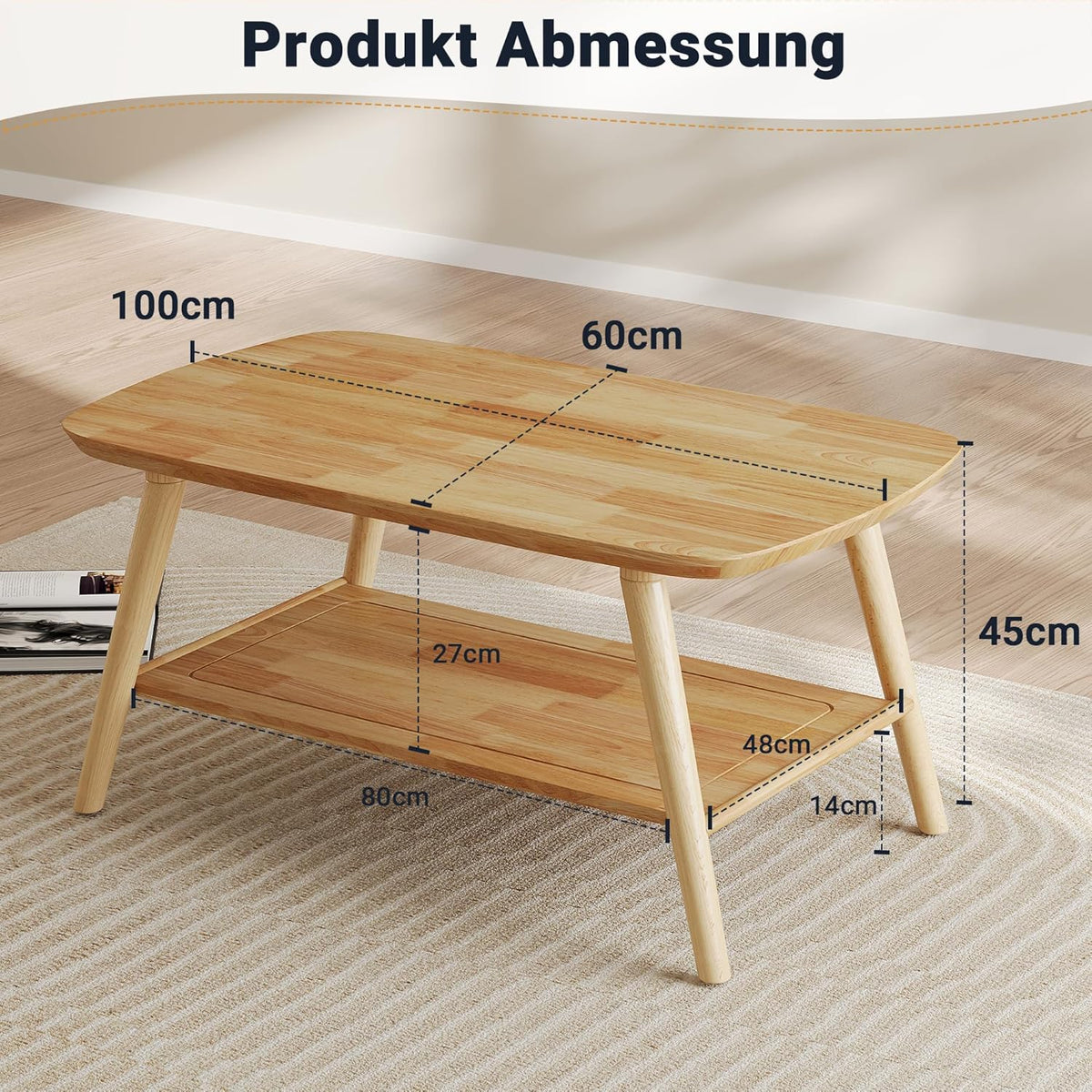 ZKIODV Mesa de centro de madera con 2 estantes, mesa de salón ovalada de madera maciza, mesa de madera con espacio de almacenamiento para sala de estar, mesa de sofá mesa auxiliar de 100x60x45 cm, acabado al aceite natural, mesa de centro de madera maciza