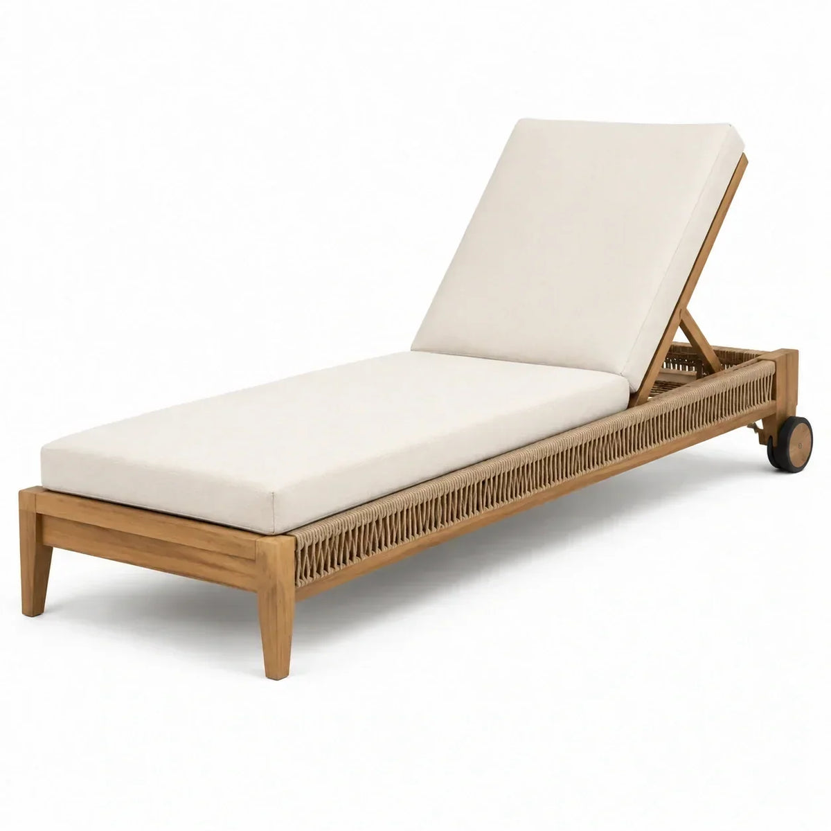 Tumbona de teca con ratán sintético y cojín de poliéster beige, ajustable