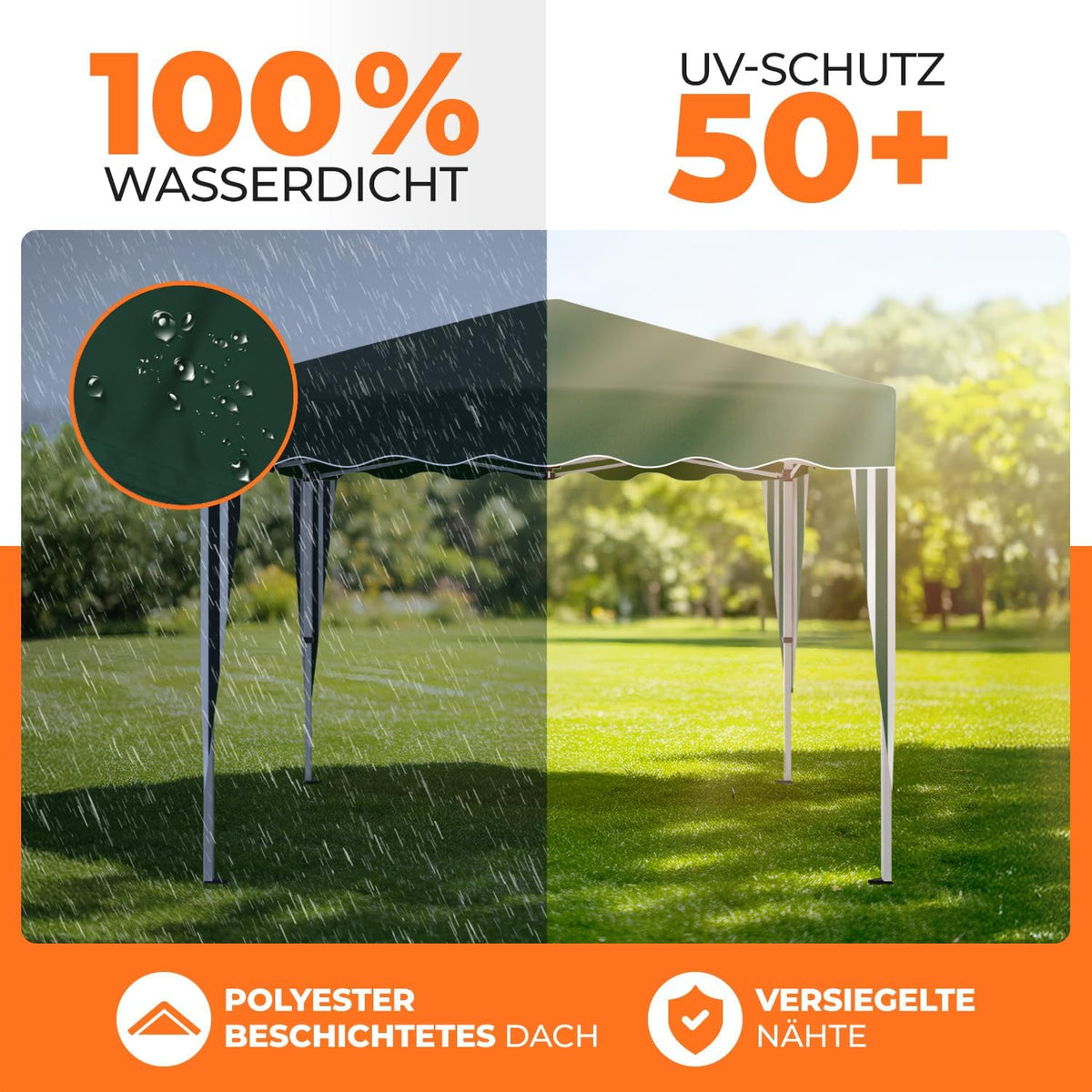 Gazebo plegable impermeable Kronenburg, dimensiones del techo 3 x 3 m, protección UV 50+, cenador en verde con 4 paneles laterales
