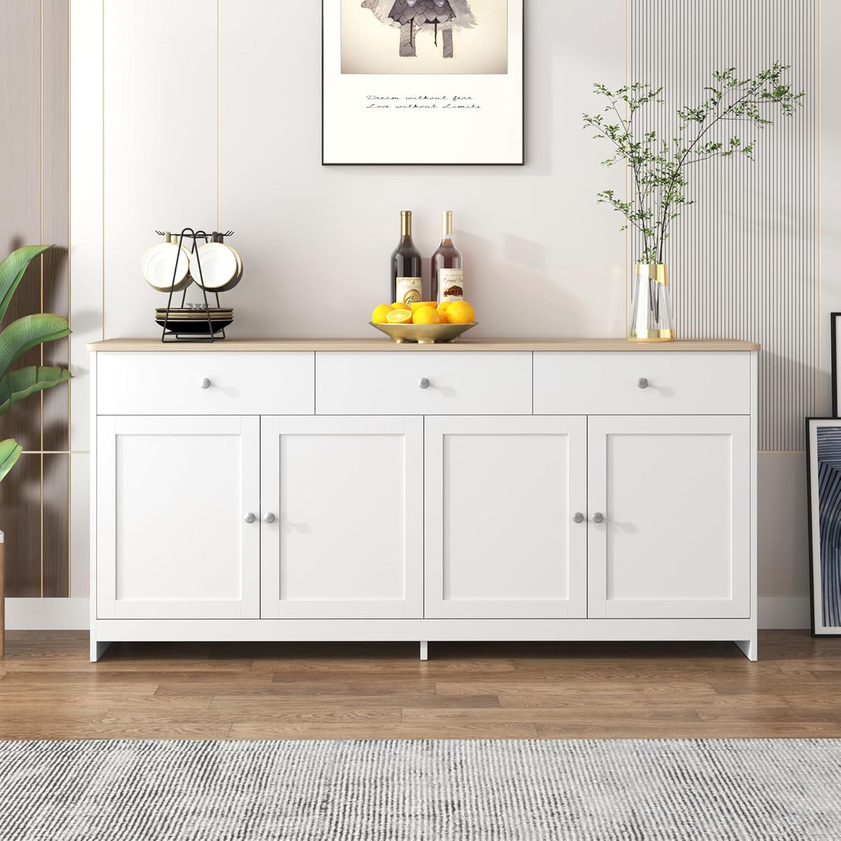 Ymkua Sideboard, Buffetschrank, Kommode für Wohnzimmer und Esszimmer, Aufbewahrungsschrank mit 4 Türen und 3 Schubladen, Moderner Wohnzimmerschrank, 160x37x75 cm, Holz und Weiß
