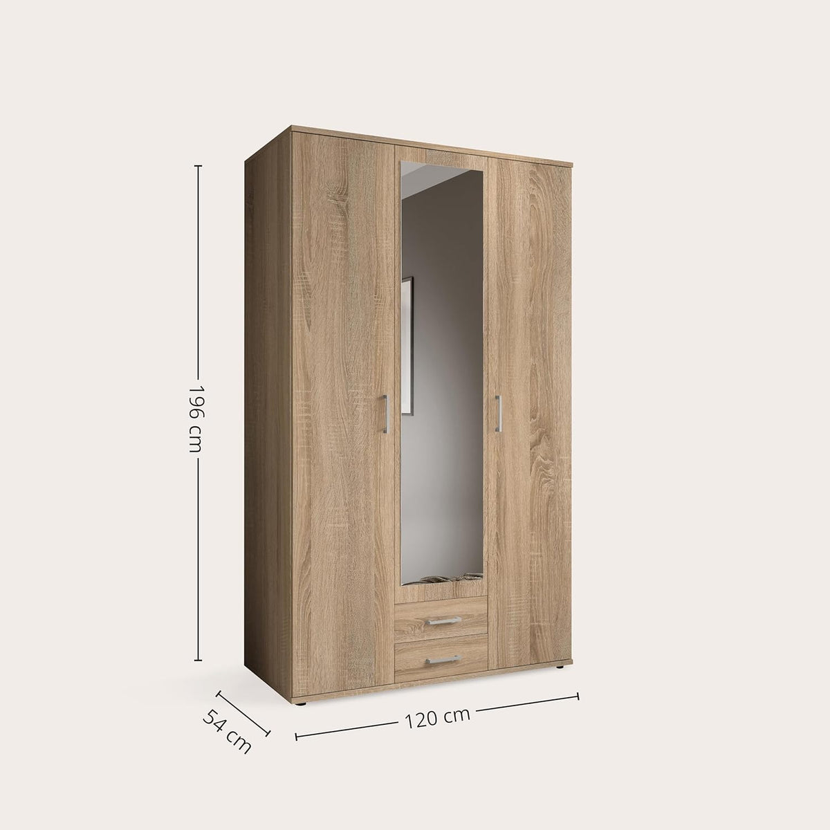 KARL Eleganter 3-türiger Kleiderschrank mit viel Stauraum - Mehrzweckschrank Sonoma Eiche mit Spiegeltür - 120 x 195 x 55 cm