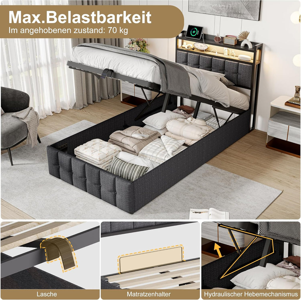 Bettgestell 90x200,boxspringbett mit LED,Einzelbett mit Stauraum,hydraulisch stauraumbett gepolstertes Bett,Funktionsbett Jugendbett mit USB,Polsterbett für 1 Person (Grau+Leinen)